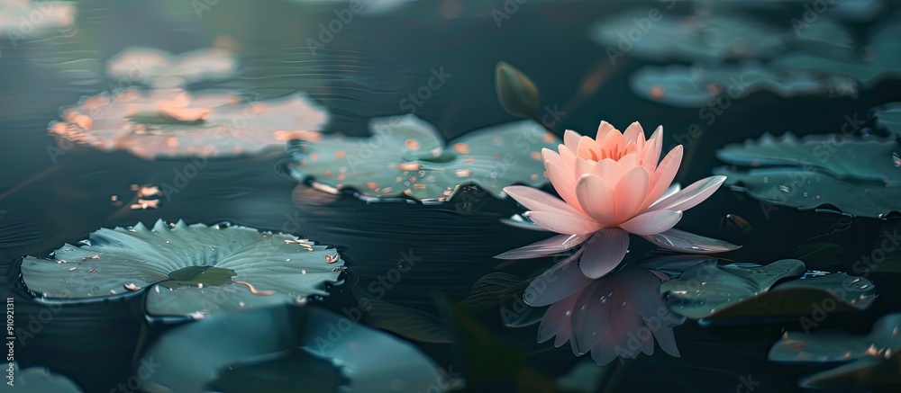 Poster side view of a blooming small lotus in a pond suitable as a mobile wallpaper or background with copy