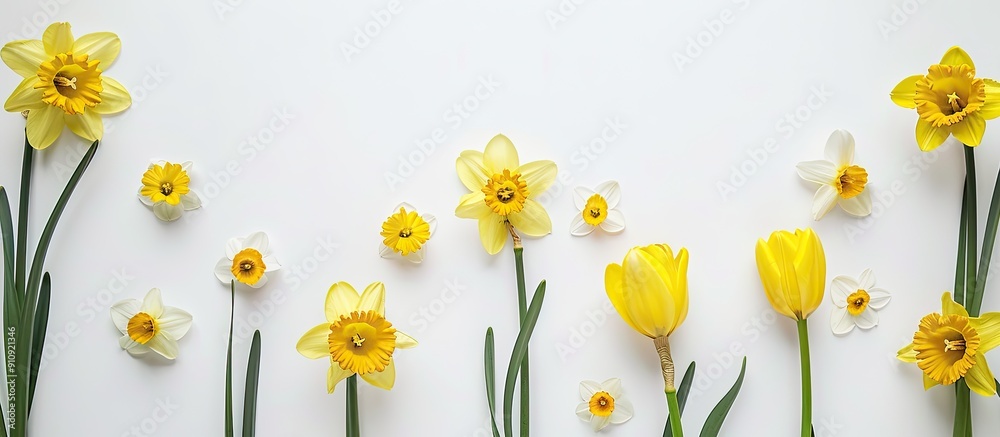 Aufkleber A floral mockup template with a frame of yellow narcissus and tulip flowers on a white background for a top down view with empty space for image placement. Creative banner. Copyspace image