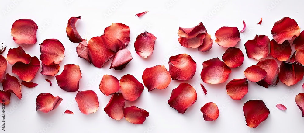 Poster top view of rose petals on white background provides copy space image