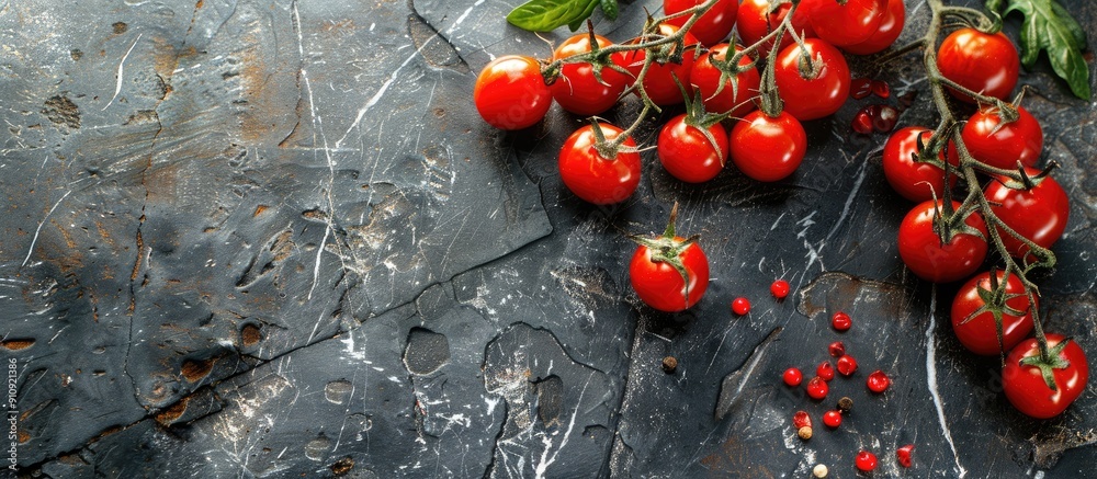 Aufkleber copy space image with fresh and tasty cherry tomatoes on a dark stone background
