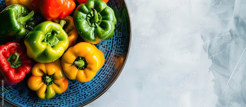 Poster A variety of fresh bell peppers in different colors arranged on a blue plate against a white backdrop The image focuses on the multicolored peppers from a top view leaving space for text or other ele