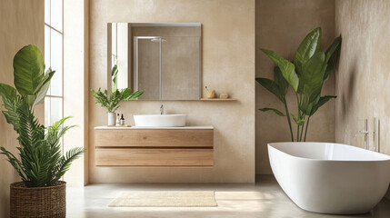 Stylish bathroom with clean lines and simple colors. Wooden vanity with white sink, bathtub and shower. Beige and white walls, concrete floor. Plants add a touch of nature.