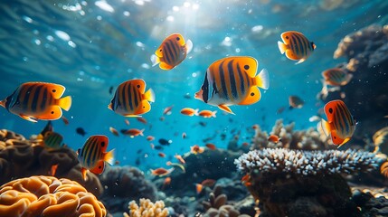 Obraz premium Snorkeling in the Great Barrier Reef, Australia, with the coral reef teeming with life, bright tropical fish darting through the water, and sunlight creating shimmering patterns on the ocean floor.