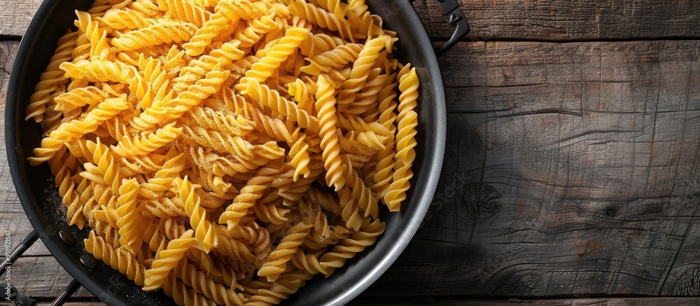 Poster uncooked pasta in a pan on a rustic wooden backdrop showcasing a copy space image