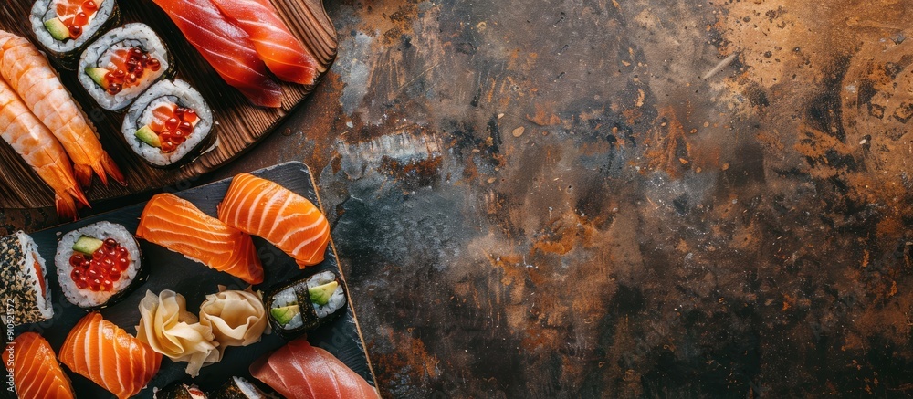 Poster top view of a variety of sushi rolls including salmon trout tuna tobiko caviar and nori on a rustic 