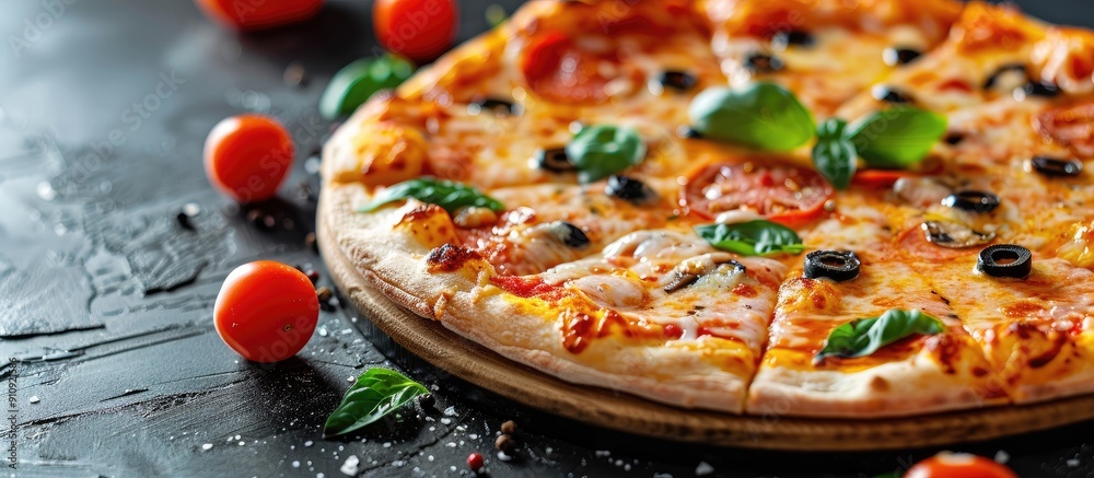 Aufkleber A table with a black background displaying a delicious pizza in the center with ample copy space image