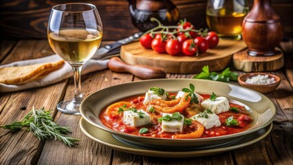Plato de guiso de gambas y queso feta en salsa de tomate, acompañado de hierbas frescas, junto a una copa de vino blanco.