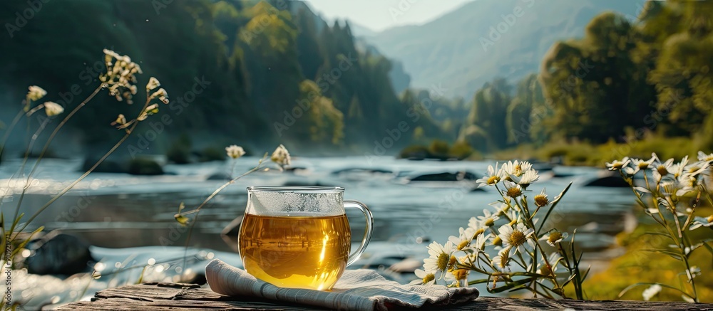 Poster Linden tea served with a serene view of nature and the flowing river in the backdrop creates a picturesque copy space image