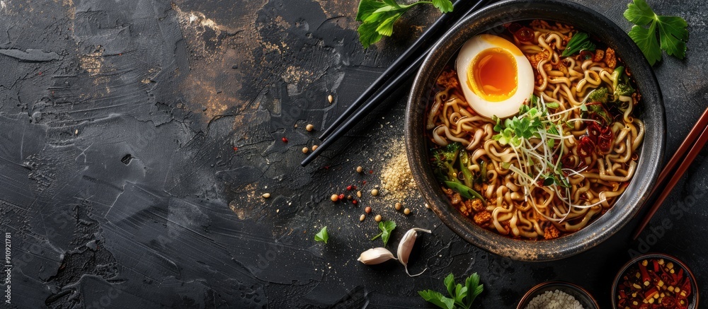 Poster traditional asian noodles floating in savory broth with copy space image for presentation