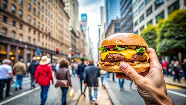 Persona sosteniendo una hamburguesa jugosa con queso cheddar, lechuga y tomate en una calle concurrida de la ciudad con edificios altos de fondo.