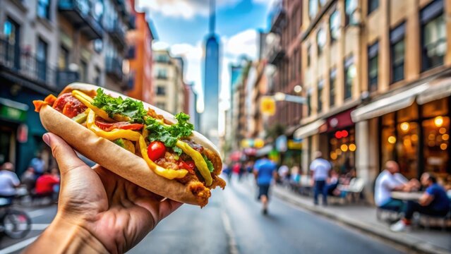 Mano sosteniendo un hot dog con fondo urbano, rodeado de edificios y transe&uacute;ntes en una ciudad concurrida.