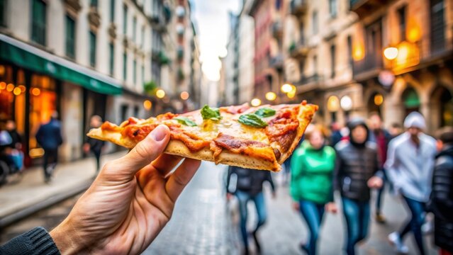 Persona sosteniendo una rebanada de pizza en una concurrida calle urbana, con edificios de fondo y gente paseando.
