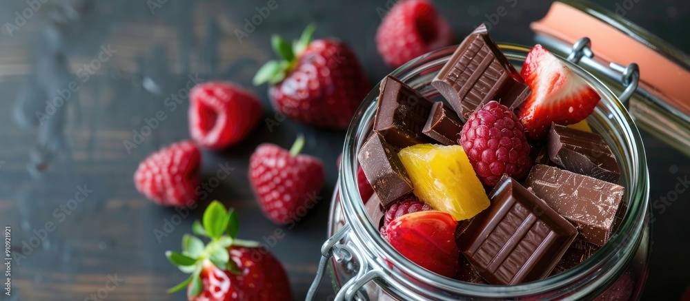 Poster glass jar filled with fruity chocolate creating a vibrant and mouth watering copy space image
