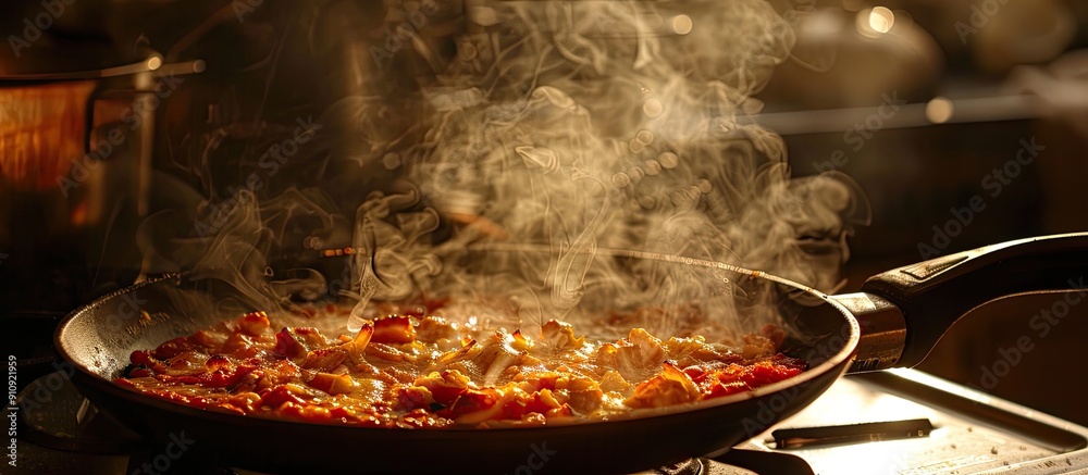 Poster A pizza pan with steam rising ready for a fresh slice in front of a copy space image