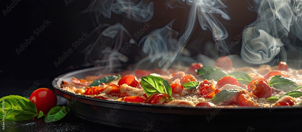 Poster A pizza pan with steam rising ready for a fresh slice in front of a copy space image