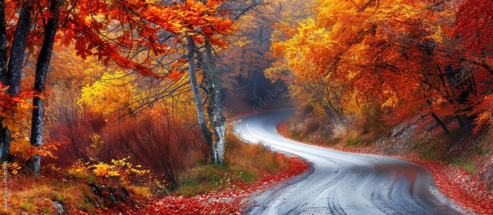 Poster a picturesque autumn scene with a winding road dotted with colorful trees perfect for a copy space i