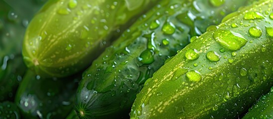 Ripe cucumber with water droplets on a fresh vegetable background perfect for your text in a vegan and vegetarian themed copy space image
