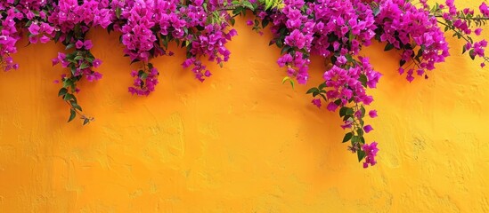 Obraz premium Violet bougainvillea flowers blooming against a yellow wall creating a floral background with copy space image included