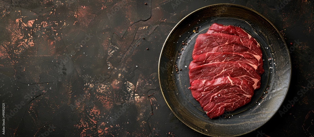 Poster Top view of a plate with a raw flank steak Dark background with copy space image