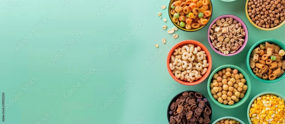 Aufkleber Varied dry breakfast cereals displayed in bowls on a soft green backdrop from an overhead perspective with space for text or images. Creative banner. Copyspace image
