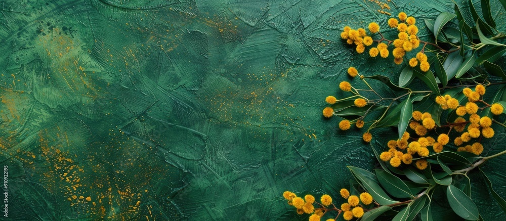 Poster floral arrangement featuring mimosa flowers on a green backdrop for text in a flat lay copy space im