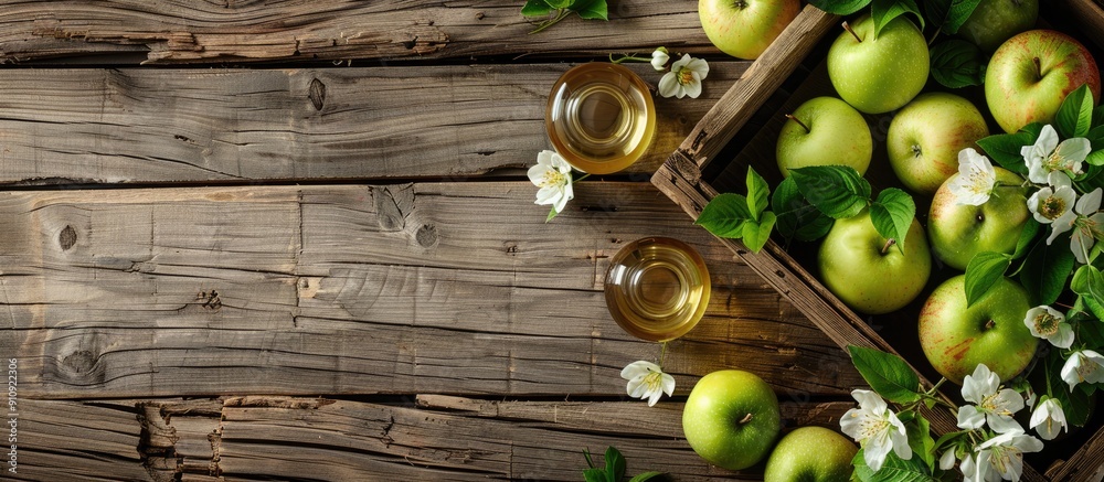 Poster top view of a wooden table with a wooden box filled with ripe green apples a branch of white flowers
