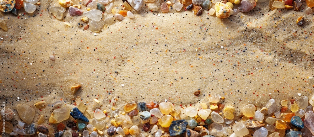 Poster Top view of sand with small multicolored stones offering a natural and serene appearance in a copy space image