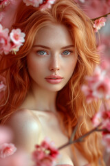 Fototapeta premium A woman with red hair and blue eyes is standing in front of a tree with pink flowers. The image has a soft and romantic mood, with the pink flowers and the woman's natural beauty