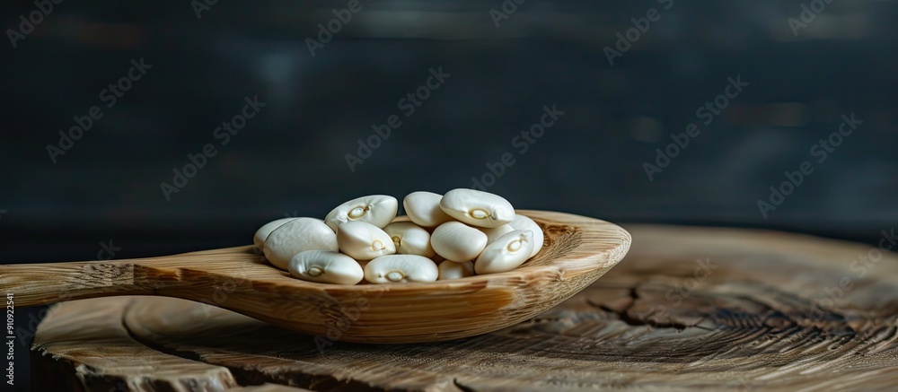 Poster a wooden spoon on a wooden table holding white beans in a close up image the spoon with beans is set