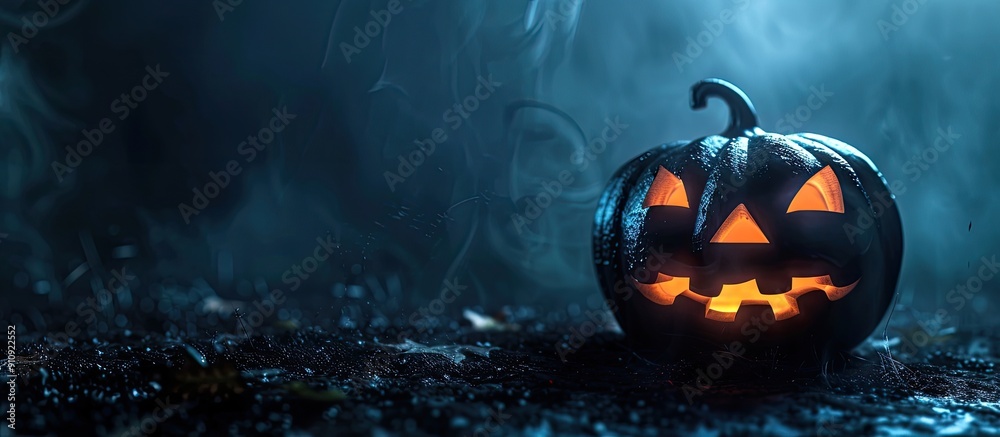 Poster spooky jack o lantern with an eerie glow set against a dark backdrop features copy space image for a