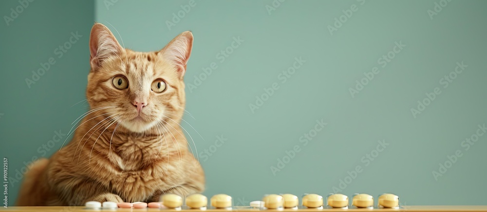Poster Indoors a charming ginger cat sits next to a display of vitamin pills with ample space for text in the image