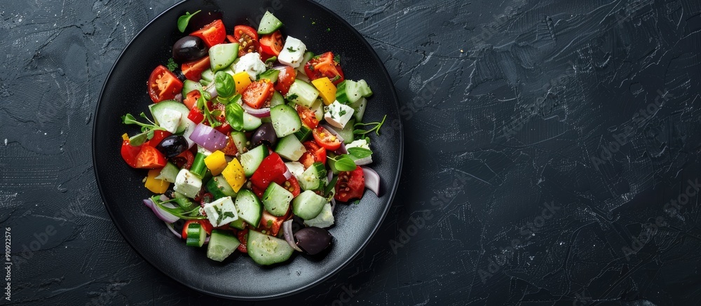 Aufkleber greek salad served on a black plate with ample copy space image for presentation