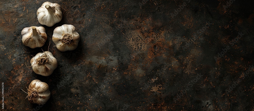 Fototapete garlic viewed from above against a dark backdrop with ample copy space image