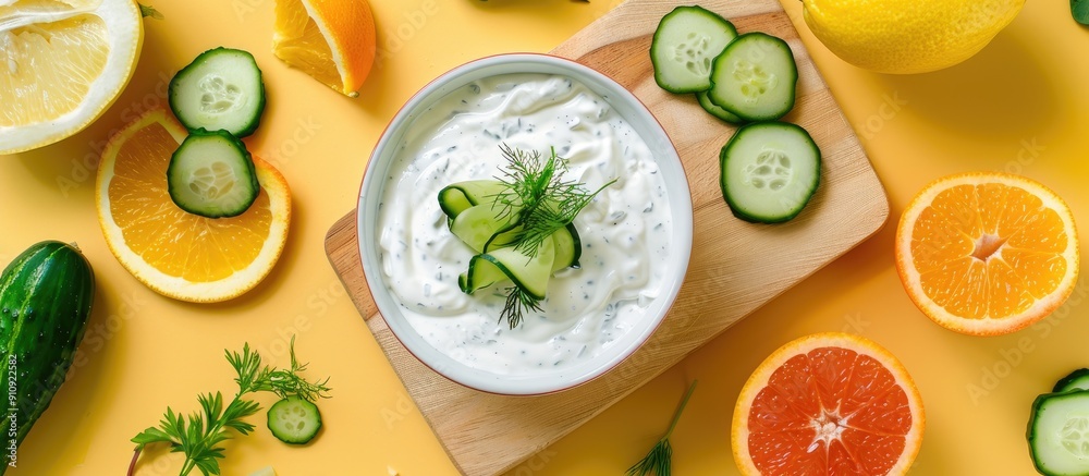 Aufkleber Preparing a Greek cucumber yogurt sauce with a top down view of a bowl of yogurt greenery cucumbers and oranges on a cutting board on a yellow kitchen countertop with space for adding images