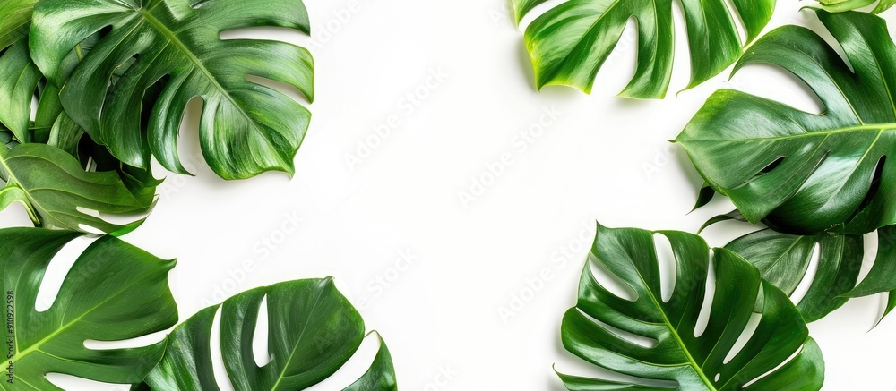 Poster monstera leaves border a white backdrop providing copy space image