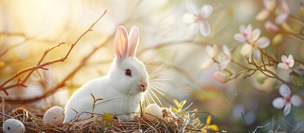 Poster vintage easter background with a cute white bunny in a portrait perfect for copy space image