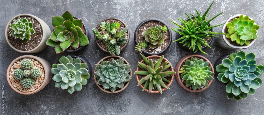 Aufkleber various house plants like haworthia and echeveria arranged in pots on a grey tabletop in a flat lay 
