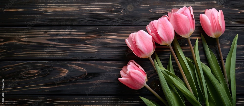 Poster pink tulips displayed on a dark wooden backdrop with copy space image