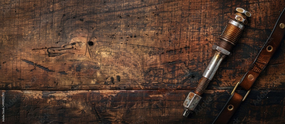 Aufkleber A hexagon screwdriver on a brown wooden backdrop with a strap in the right corner vignette with a central copy space