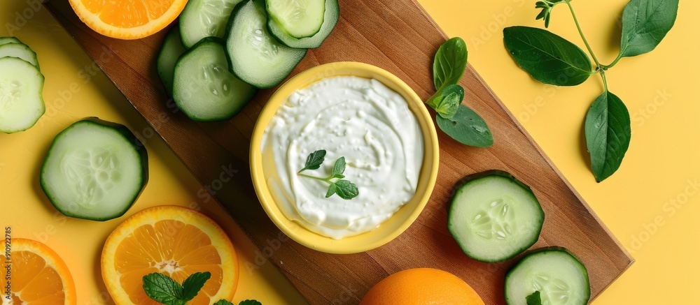 Aufkleber Preparing a Greek cucumber yogurt sauce with a top down view of a bowl of yogurt greenery cucumbers and oranges on a cutting board on a yellow kitchen countertop with space for adding images