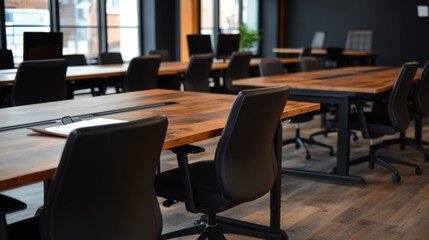 Fototapeta premium Modern office interior featuring stylish wooden tables and ergonomic chairs, ideal for coworking and collaboration.