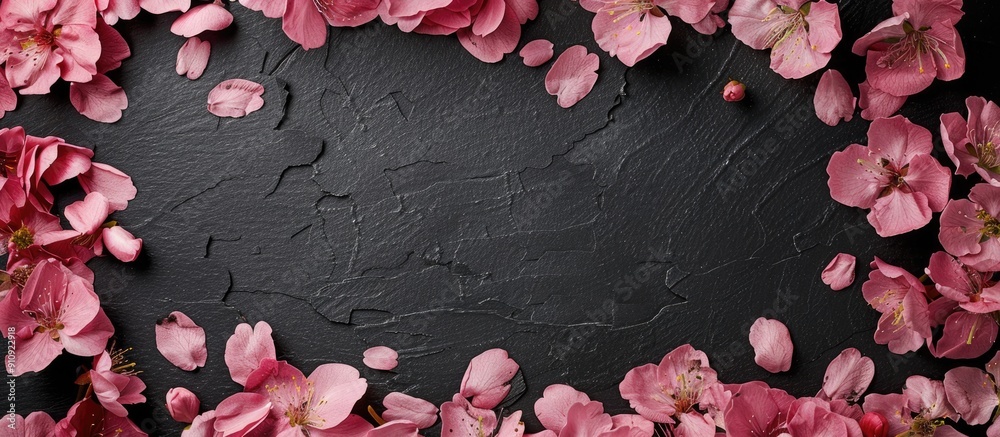Aufkleber pink cherry tree petals on colored cardboard with a floral valentine s theme on black paper for your