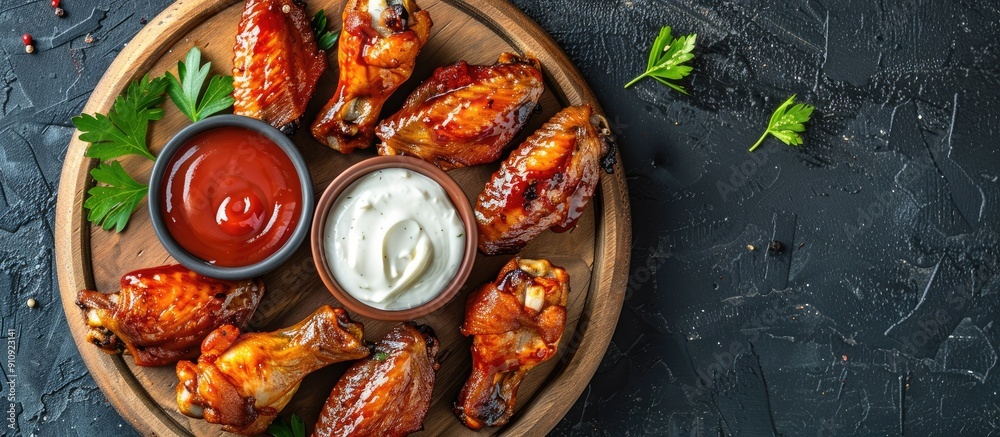 Poster hot fried chicken wings served as a snack on a wooden plate with ketchup and mayonnaise in a fast fo
