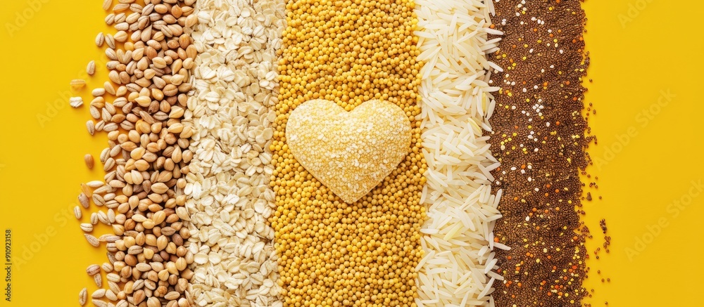 Poster An overhead view of assorted grains and cereals like bulgur rice oatmeal buckwheat and couscous arranged on a yellow background with a heart icon and space for text. Creative banner. Copyspace image