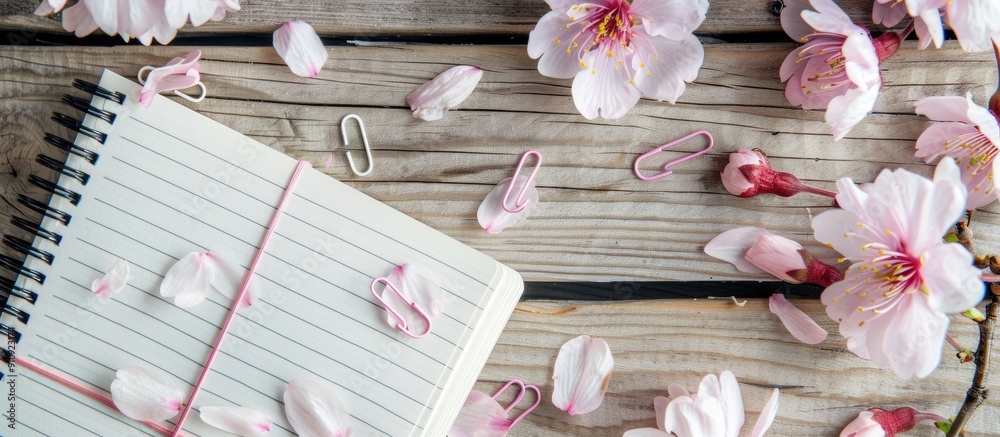 Leinwandbilder wooden background with cherry blossoms and paper clips on a lined notebook creating a serene setting