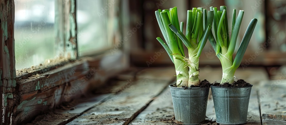 Poster Three regrown leeks in a bucket with garden soil displayed on a wooden background with out of focus windowsill gardening setting emphasizing no food waste and providing copy space image