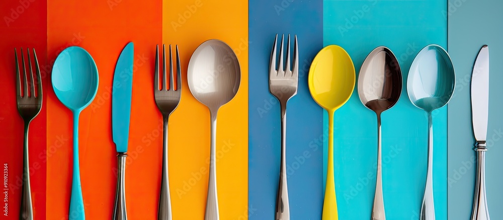 Aufkleber Various types of cutlery arranged on a colorful background with room for a caption in a copy space image
