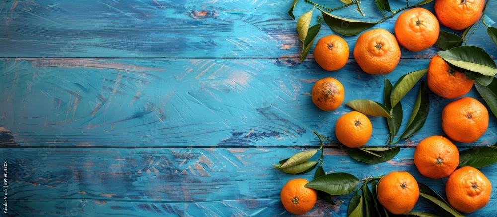 Poster top view of tangerines with leaves on a blue wooden table featuring copy space image