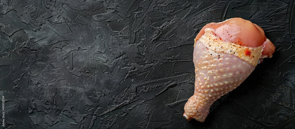 Aufkleber raw chicken leg thigh fillet seasoned for cooking displayed on a black background from above with sp