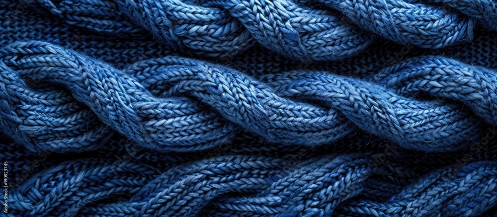 Poster Horizontal blue indigo knitted wool texture background pattern with selective focus and copy space image in a top view